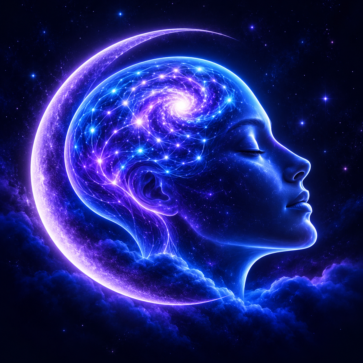 A peaceful sleeping face beneath a luminous crescent moon, with a constellation of violet stars